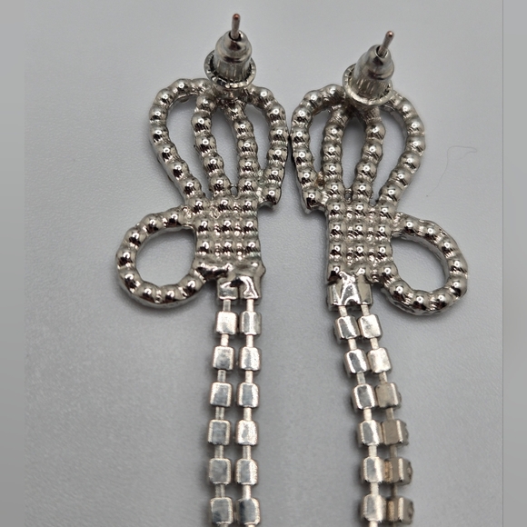 Silver 925 Rhinestone Butterfly Bow Tassel Drop Stud Earrings 3" Long - Picture 5 of 7